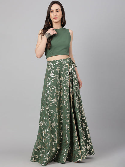 Janasya Women's Olive Green Crepe Solid Lehenga Choli With Pant