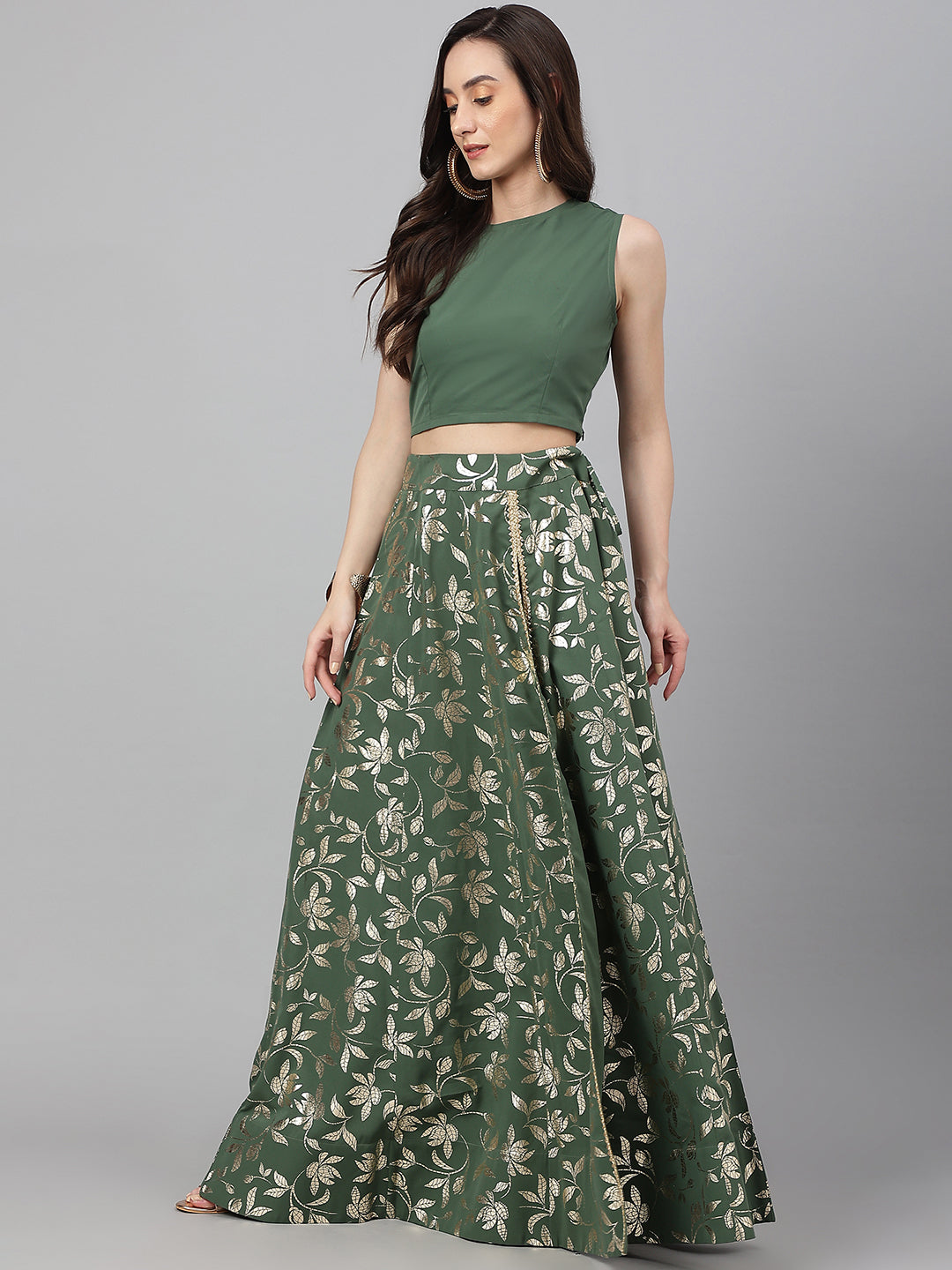Janasya Women's Olive Green Crepe Solid Lehenga Choli With Pant