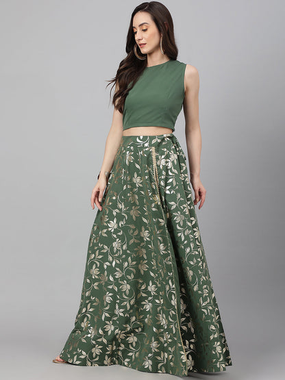 Janasya Women's Olive Green Crepe Solid Lehenga Choli With Pant