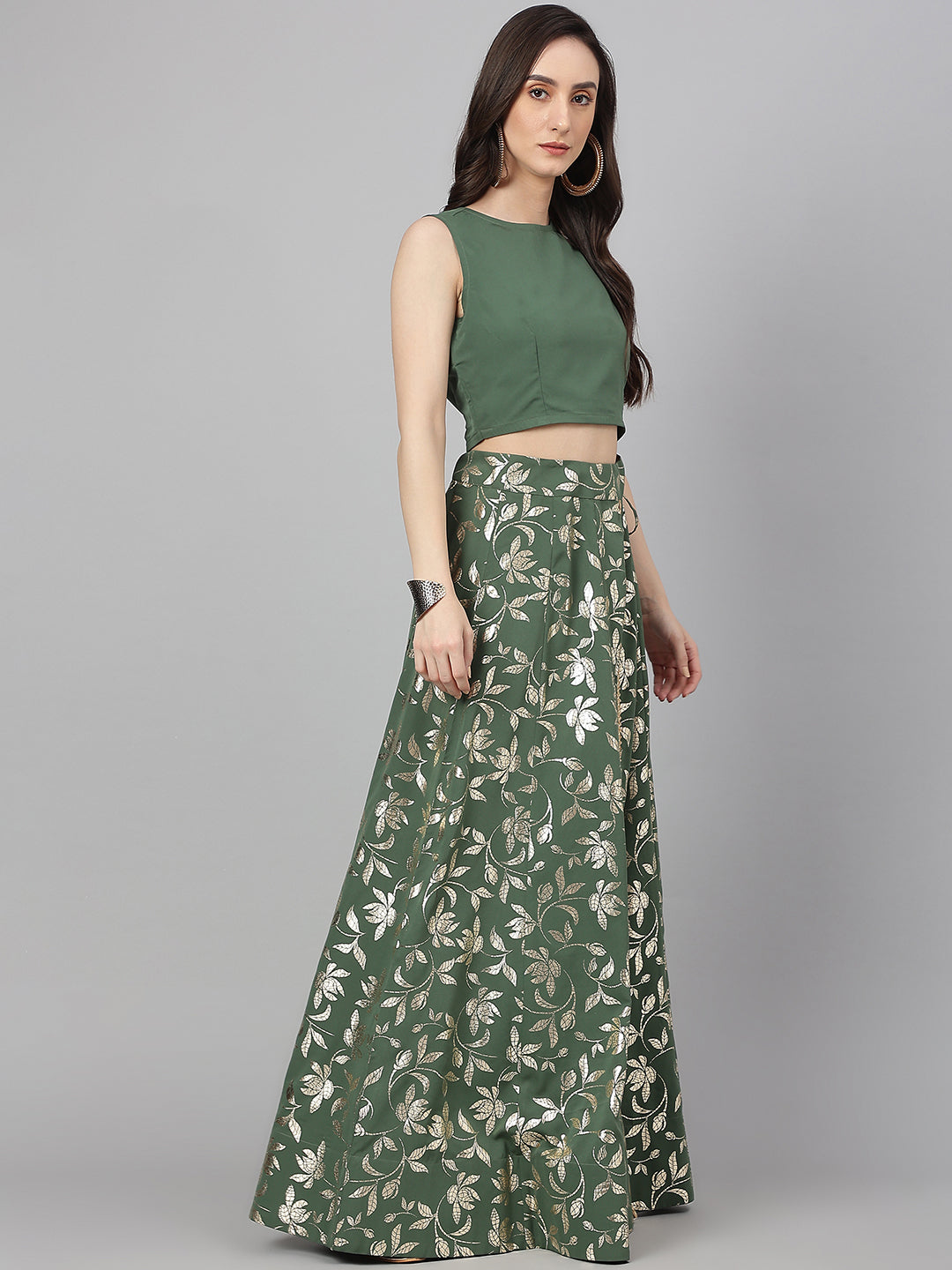 Janasya Women's Olive Green Crepe Solid Lehenga Choli With Pant