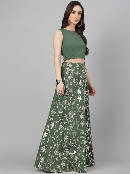 Janasya Women's Olive Green Crepe Solid Lehenga Choli With Pant