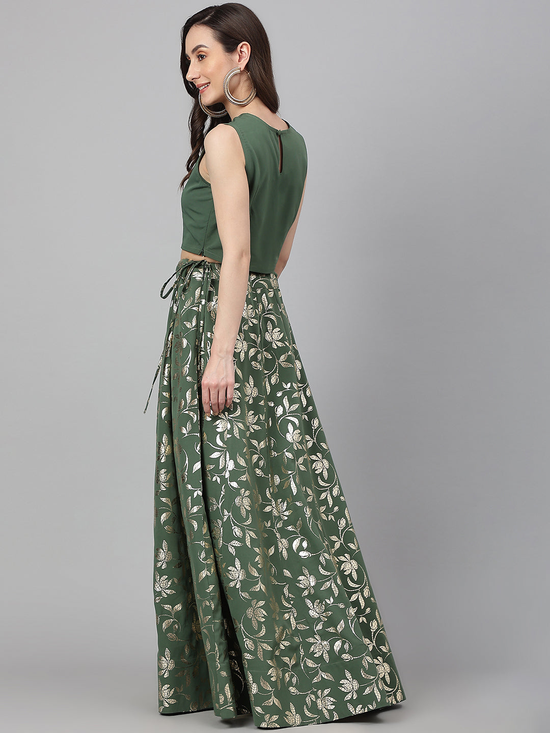 Janasya Women's Olive Green Crepe Solid Lehenga Choli With Pant