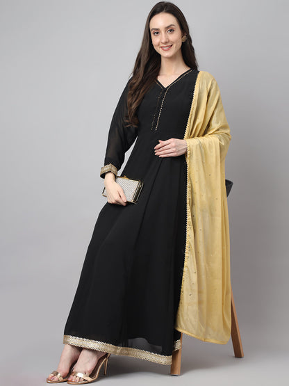 Janasya Women's Black Georgette Solid Anarkali Festive Kurta Set