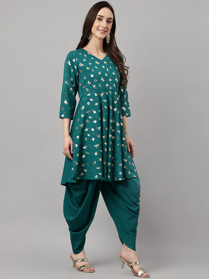 Janasya Women's Peacock Green Crepe Foil Printed Flared Party Kurta Set