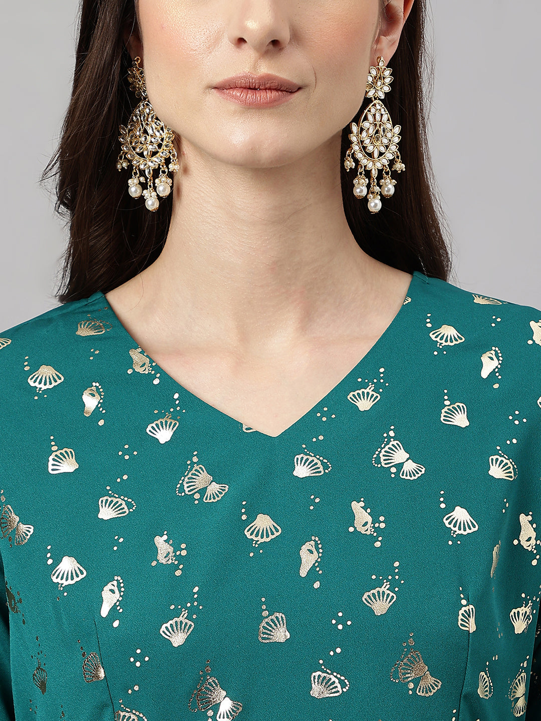 Janasya Women's Peacock Green Crepe Foil Printed Flared Party Kurta Set