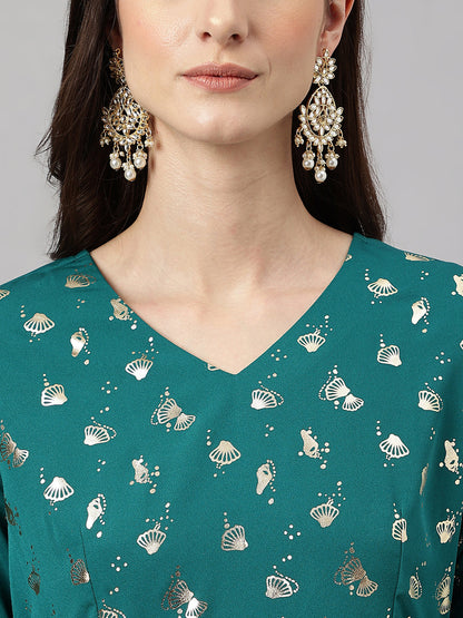 Janasya Women's Peacock Green Crepe Foil Printed Flared Party Kurta Set