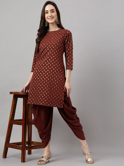 Janasya Women's Brown Crepe Foil Printed Straight Festive Kurta Set
