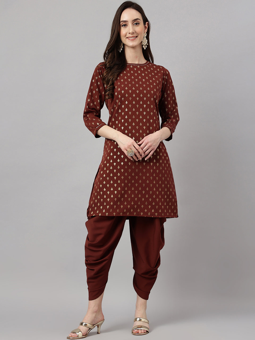 Janasya Women's Brown Crepe Foil Printed Straight Festive Kurta Set