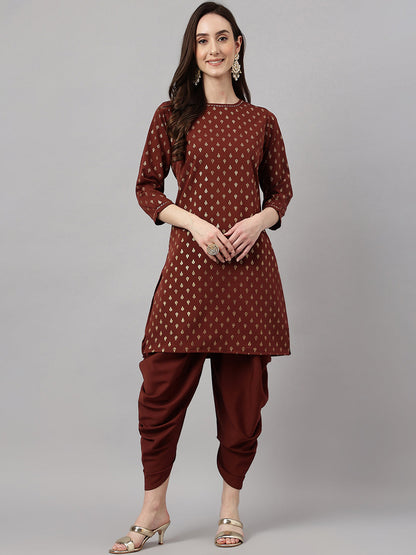 Janasya Women's Brown Crepe Foil Printed Straight Festive Kurta Set