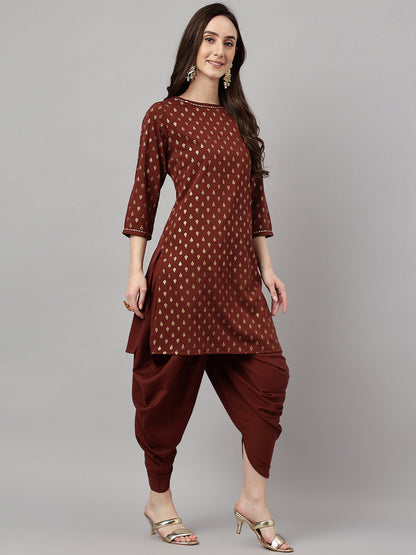 Janasya Women's Brown Crepe Foil Printed Straight Festive Kurta Set