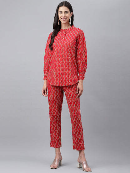 Janasya Women's Red Cotton Ethnic Motifs Regular Casual Top Set
