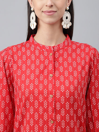 Janasya Women's Red Cotton Ethnic Motifs Regular Casual Top Set