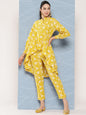 Janasya Women's Mustard Cotton Floral Printed High Low Casual Tunic Set