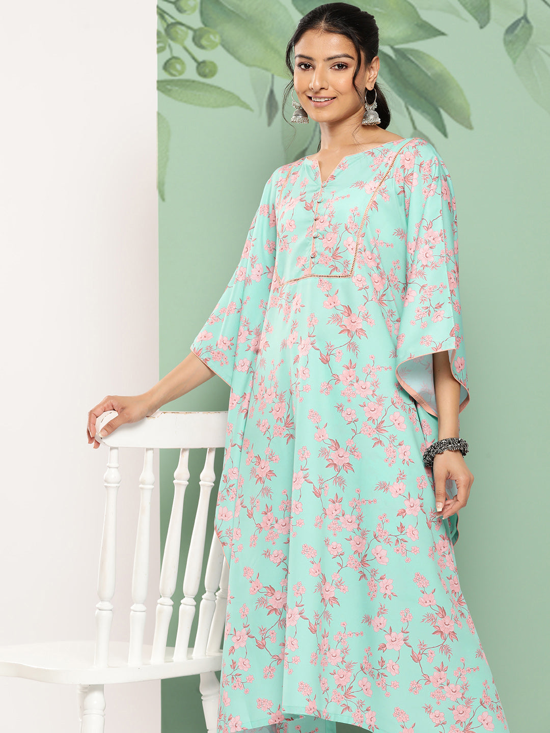 Janasya Women's Sea Green Crepe Digital Printed Kaftan Casual Kaftan Set
