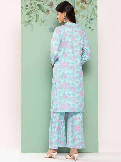 Janasya Women's Sky Blue Crepe Digital Printed Straight Casual Kurta Set