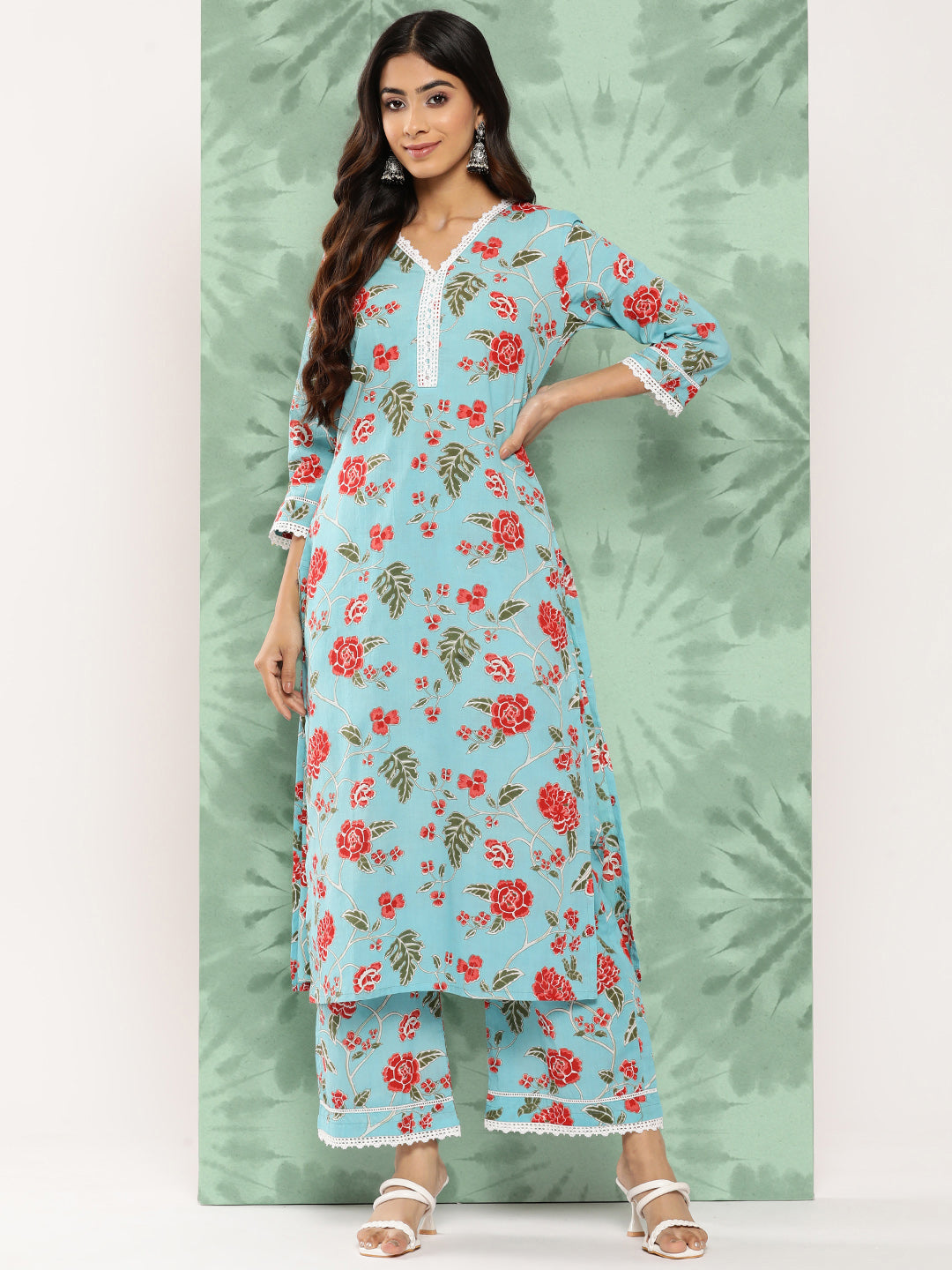 Janasya Women's Sky Blue Cotton Floral Printed Straight Casual Kurta Set