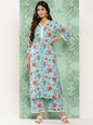 Janasya Women's Sky Blue Cotton Floral Printed Straight Casual Kurta Set