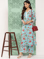 Janasya Women's Sky Blue Cotton Floral Printed Straight Casual Kurta Set
