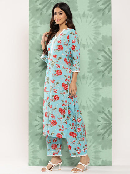 Janasya Women's Sky Blue Cotton Floral Printed Straight Casual Kurta Set