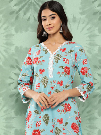 Janasya Women's Sky Blue Cotton Floral Printed Straight Casual Kurta Set