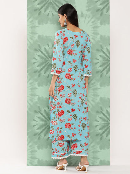 Janasya Women's Sky Blue Cotton Floral Printed Straight Casual Kurta Set