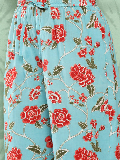 Janasya Women's Sky Blue Cotton Floral Printed Straight Casual Kurta Set