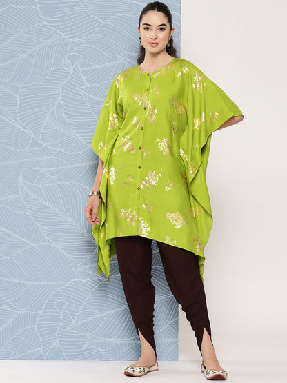 Janasya Women's Lime Green Rayon Foil Printed Kaftan Festive Kurta Set