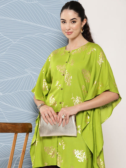 Janasya Women's Lime Green Rayon Foil Printed Kaftan Festive Kurta Set