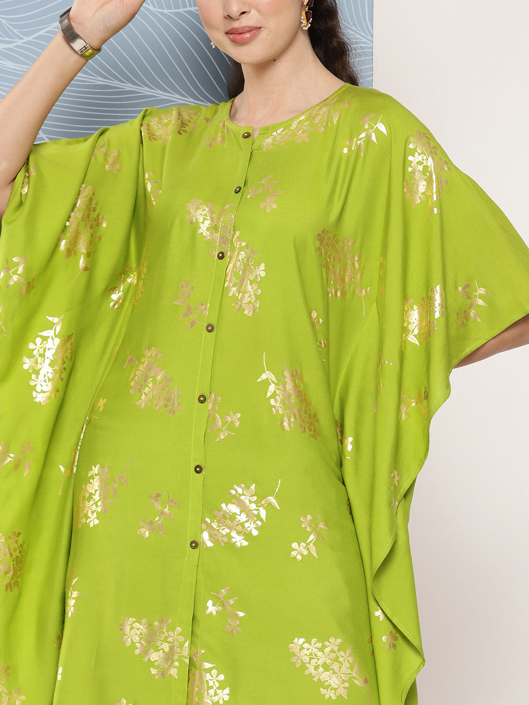 Janasya Women's Lime Green Rayon Foil Printed Kaftan Festive Kurta Set