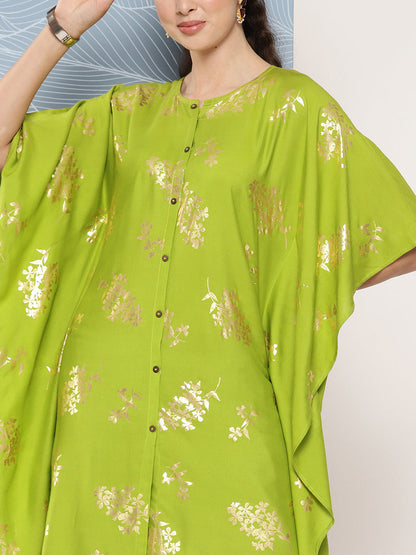 Janasya Women's Lime Green Rayon Foil Printed Kaftan Festive Kurta Set