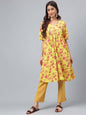 Janasya Women's Yellow Cotton Floral Printed Gathered Casual Kurta Set