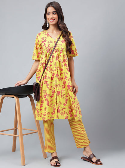 Janasya Women's Yellow Cotton Floral Printed Gathered Casual Kurta Set