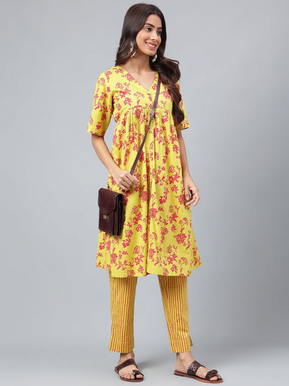 Janasya Women's Yellow Cotton Floral Printed Gathered Casual Kurta Set