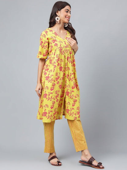 Janasya Women's Yellow Cotton Floral Printed Gathered Casual Kurta Set