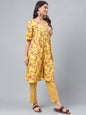 Janasya Women's Yellow Cotton Floral Printed Gathered Casual Kurta Set