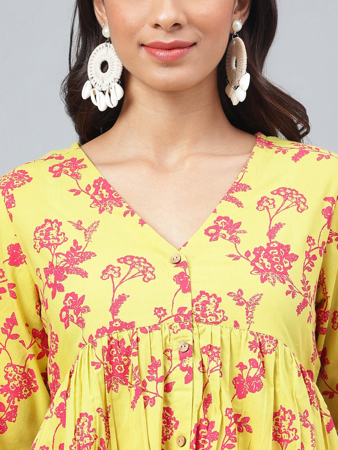 Janasya Women's Yellow Cotton Floral Printed Gathered Casual Kurta Set