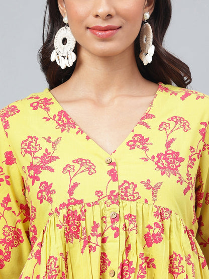 Janasya Women's Yellow Cotton Floral Printed Gathered Casual Kurta Set