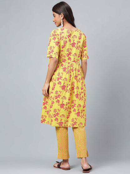 Janasya Women's Yellow Cotton Floral Printed Gathered Casual Kurta Set
