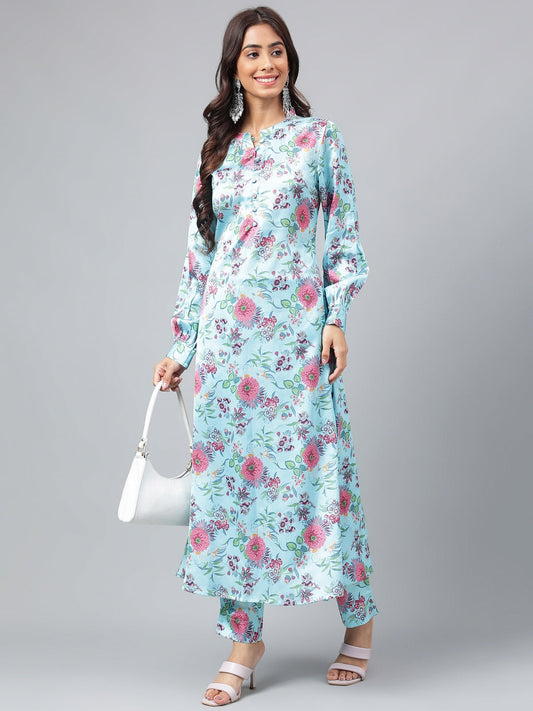 Janasya Women's Aqua Blue Satin Digital Floral Printed Straight Party kurta Set