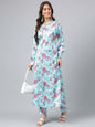 Janasya Women's Aqua Blue Satin Digital Floral Printed Straight Party kurta Set