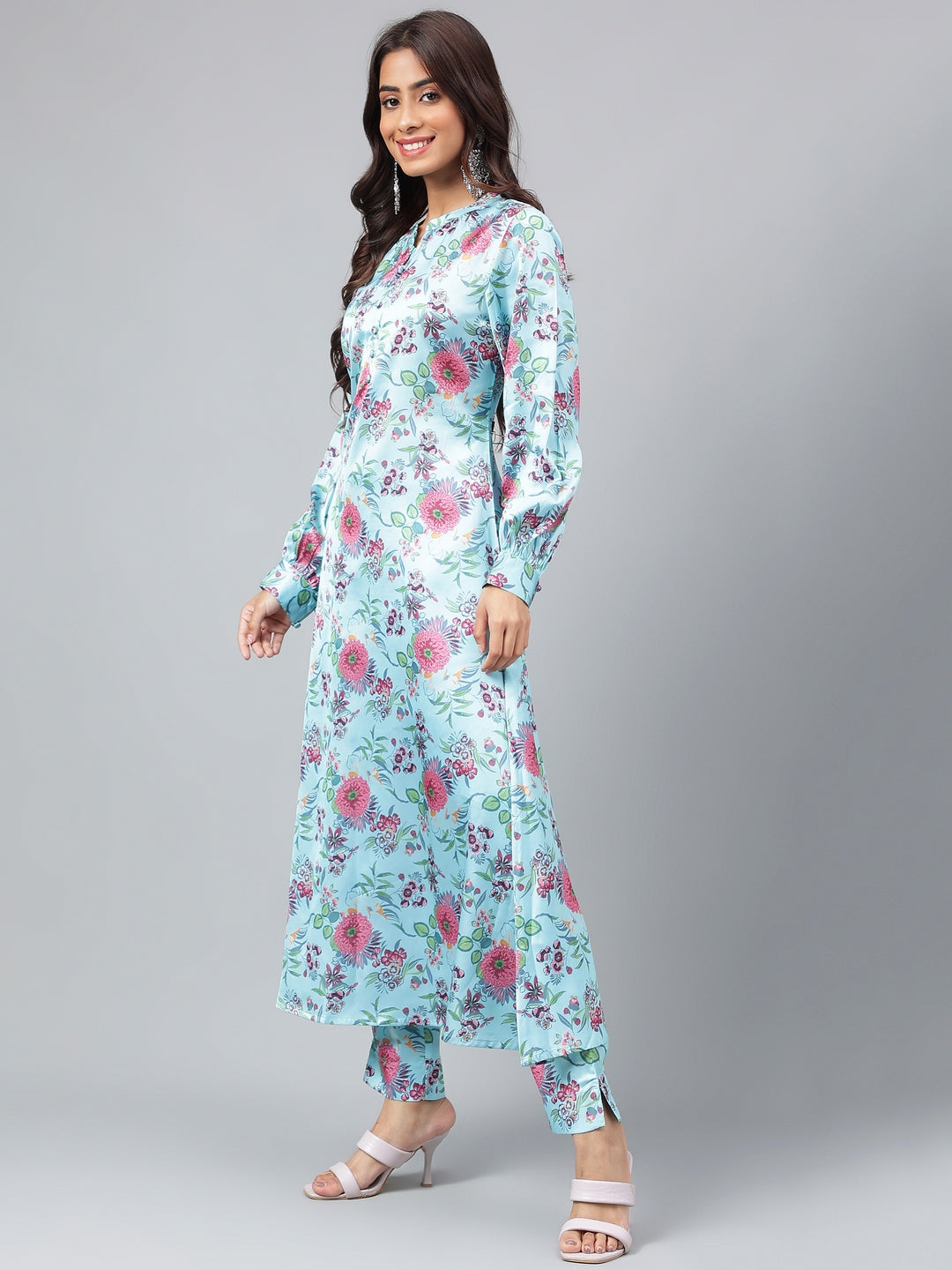 Janasya Women's Aqua Blue Satin Digital Floral Printed Straight Party kurta Set