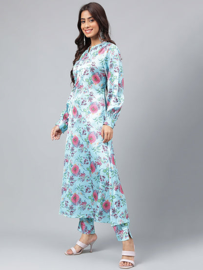Janasya Women's Aqua Blue Satin Digital Floral Printed Straight Party kurta Set