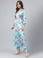 Janasya Women's Aqua Blue Satin Digital Floral Printed Straight Party kurta Set