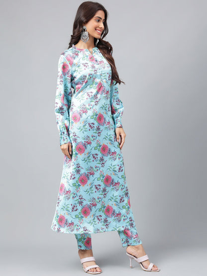 Janasya Women's Aqua Blue Satin Digital Floral Printed Straight Party kurta Set