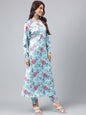 Janasya Women's Aqua Blue Satin Digital Floral Printed Straight Party kurta Set