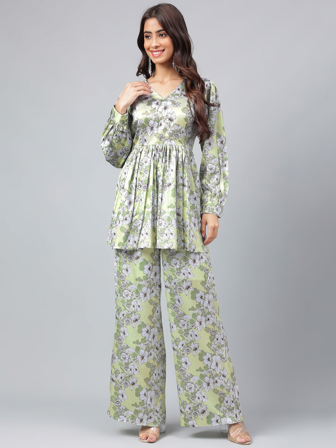 Janasya Women's Sage Green Satin Digital Floral Printed Flared Party Top Set