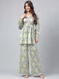 Janasya Women's Sage Green Satin Digital Floral Printed Flared Party Top Set