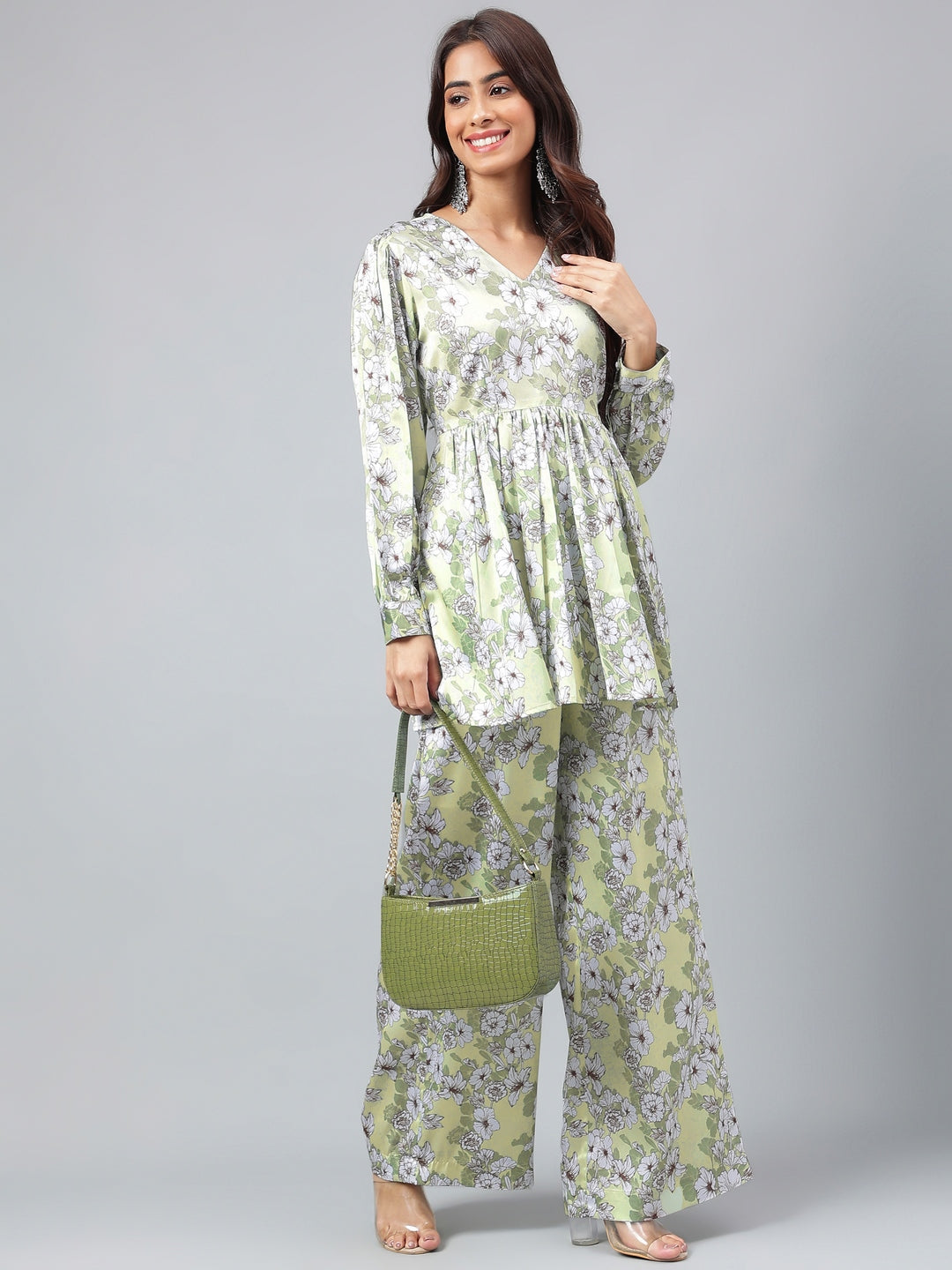 Janasya Women's Sage Green Satin Digital Floral Printed Flared Party Top Set