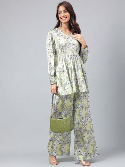 Janasya Women's Sage Green Satin Digital Floral Printed Flared Party Top Set
