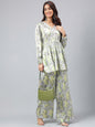 Janasya Women's Sage Green Satin Digital Floral Printed Flared Party Top Set